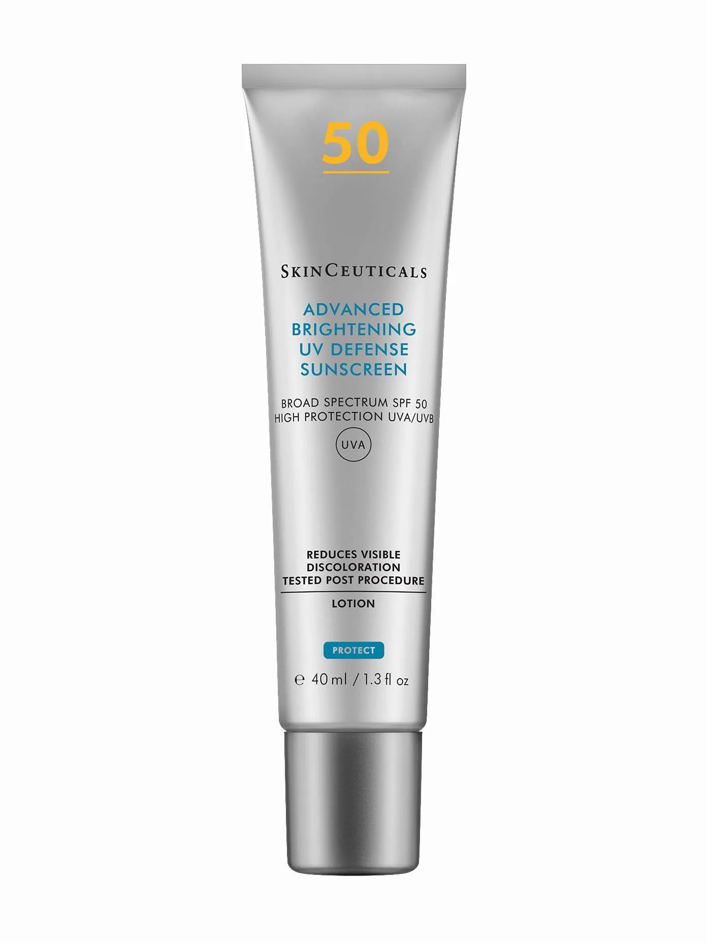 SkinCeuticals Advanced Brightening Sunscreen SPF 50 in a white tube with blue and silver text detailing the product name and benefits.