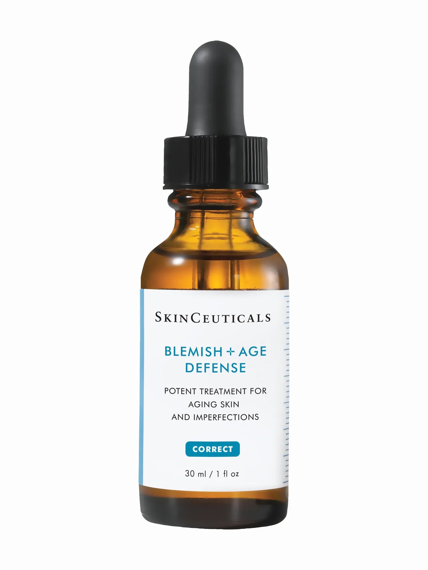 A bottle of SkinCeuticals Blemish + Age Defense Serum with a dropper cap.