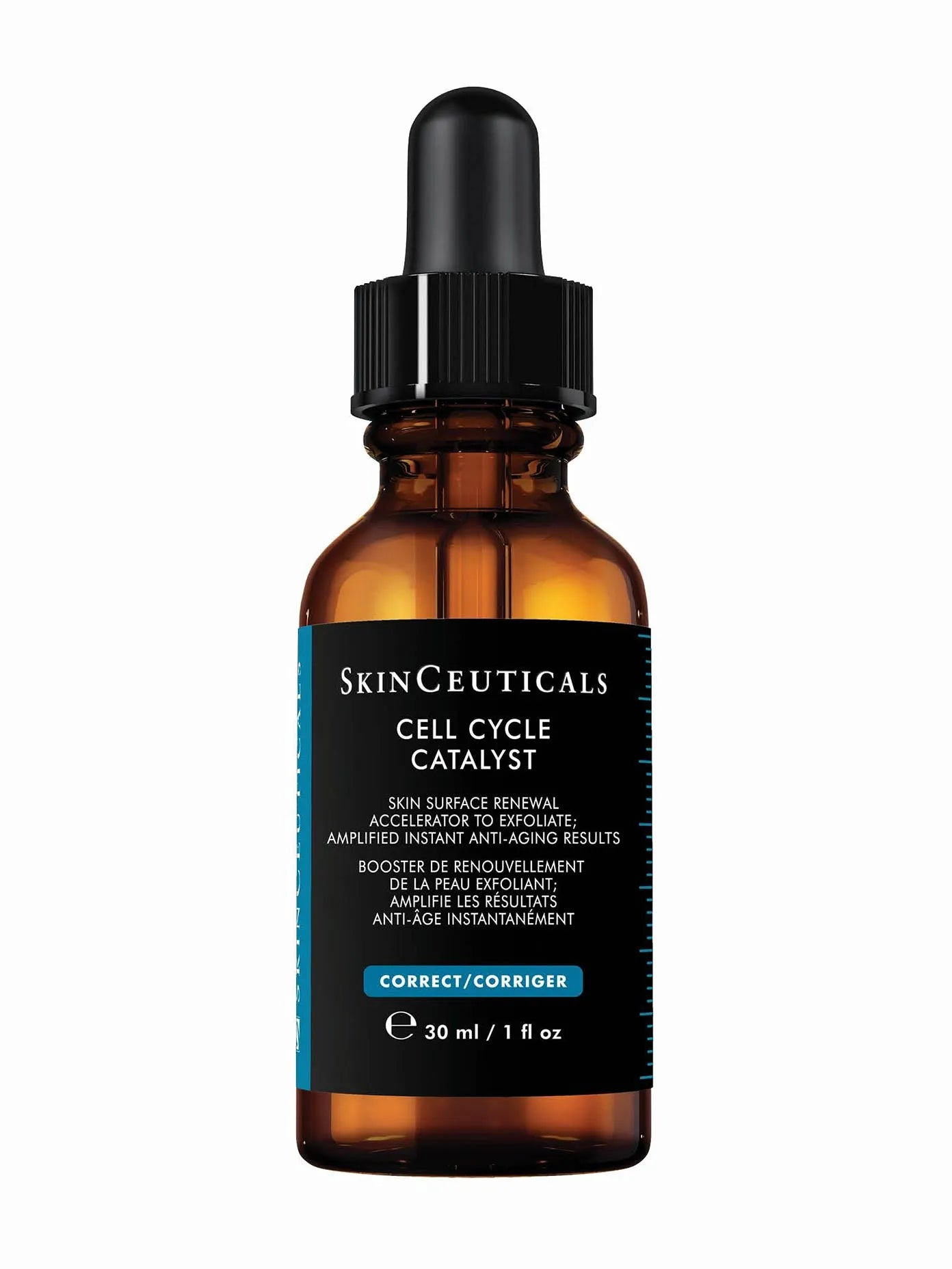 A bottle of SkinCeuticals Cell Cycle Catalyst exfoliating serum with a dropper cap.