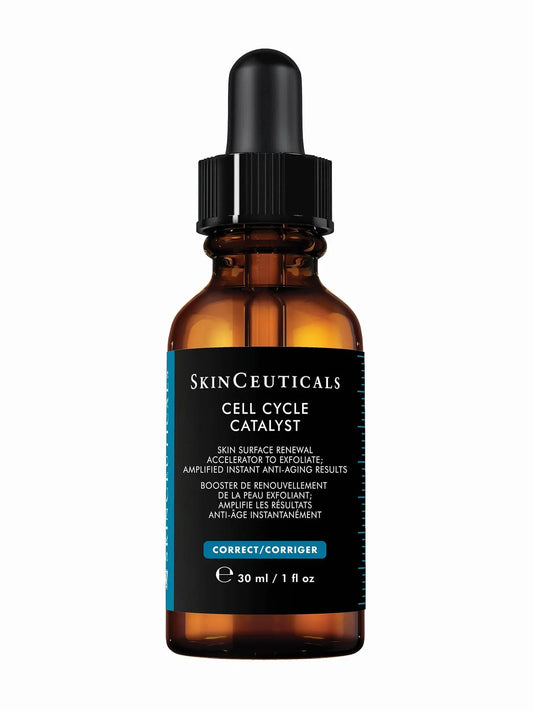A bottle of SkinCeuticals Cell Cycle Catalyst exfoliating serum with a dropper cap.