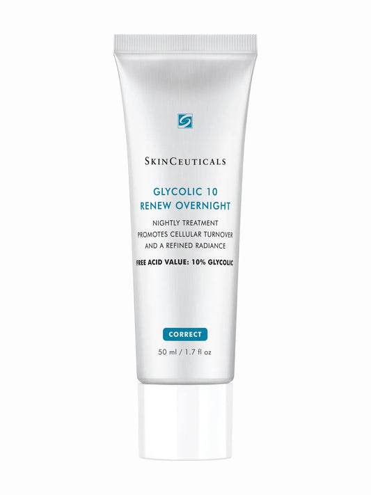 A white tube packaging of SkinCeuticals Glycolic 10 Renew Overnight cream with blue and green text.