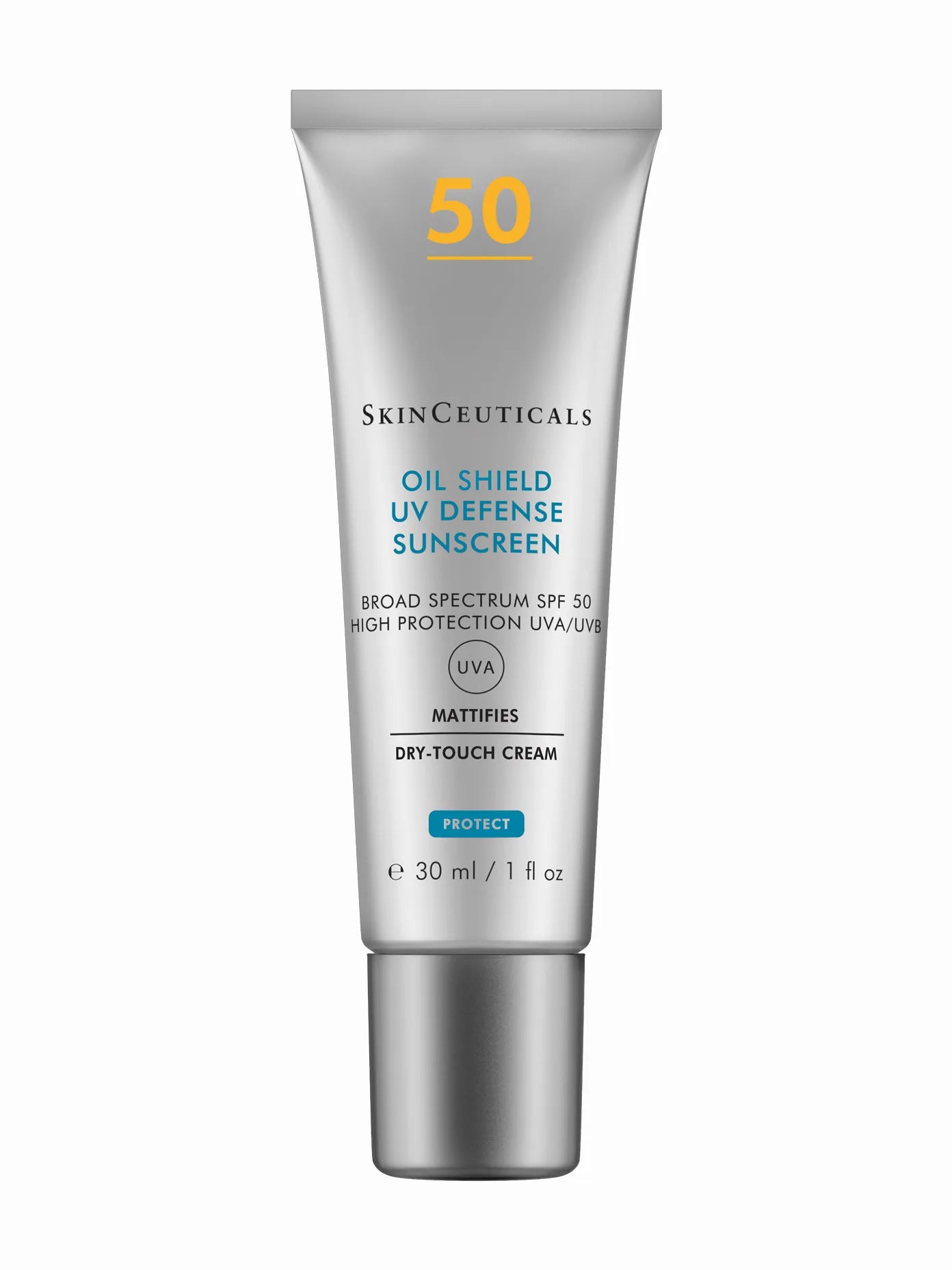 SkinCeuticals Oil Shield UV Defense SPF 50 in a white tube with blue and green text detailing the product features and sun protection factor.