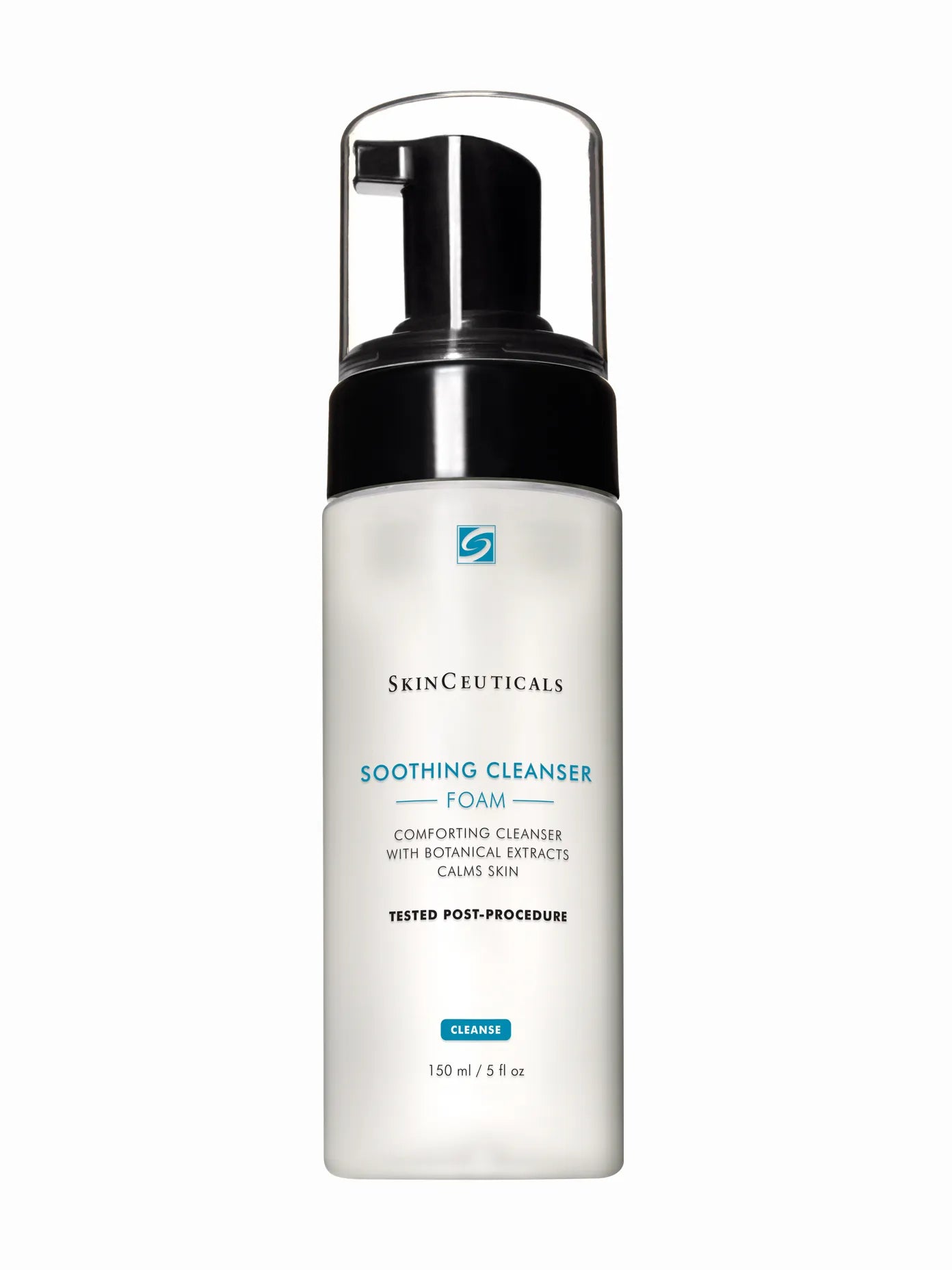 A pump bottle of SkinCeuticals Soothing Cleanser with makeup brushes in the background.