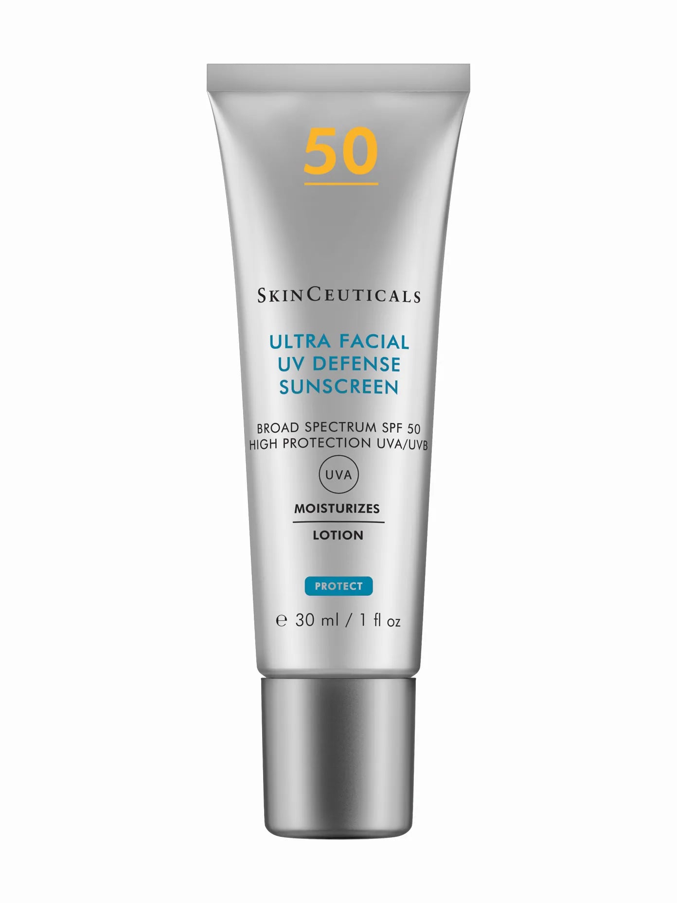 A tube of SkinCeuticals Ultra Facial Defense Sunscreen with SPF 50, primarily white and blue in color.