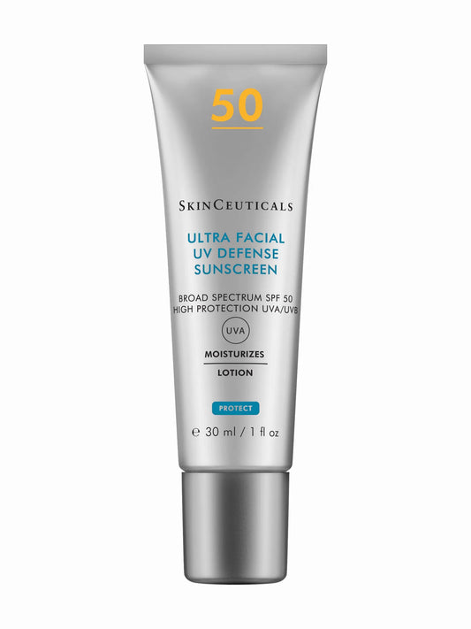 A tube of SkinCeuticals Ultra Facial Defense Sunscreen with SPF 50, primarily white and blue in color.