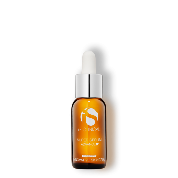 A bottle of IS Clinical Super Serum Advance+ with a dropper, against a black background.