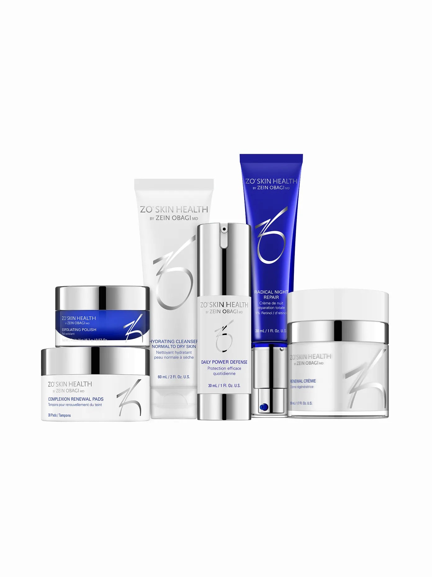 A collection of ZO Skin Health anti-aging skincare products including a hydrating cleanser, exfoliating polish, complexion renewal pads, daily power defense, and radical night repair cream.