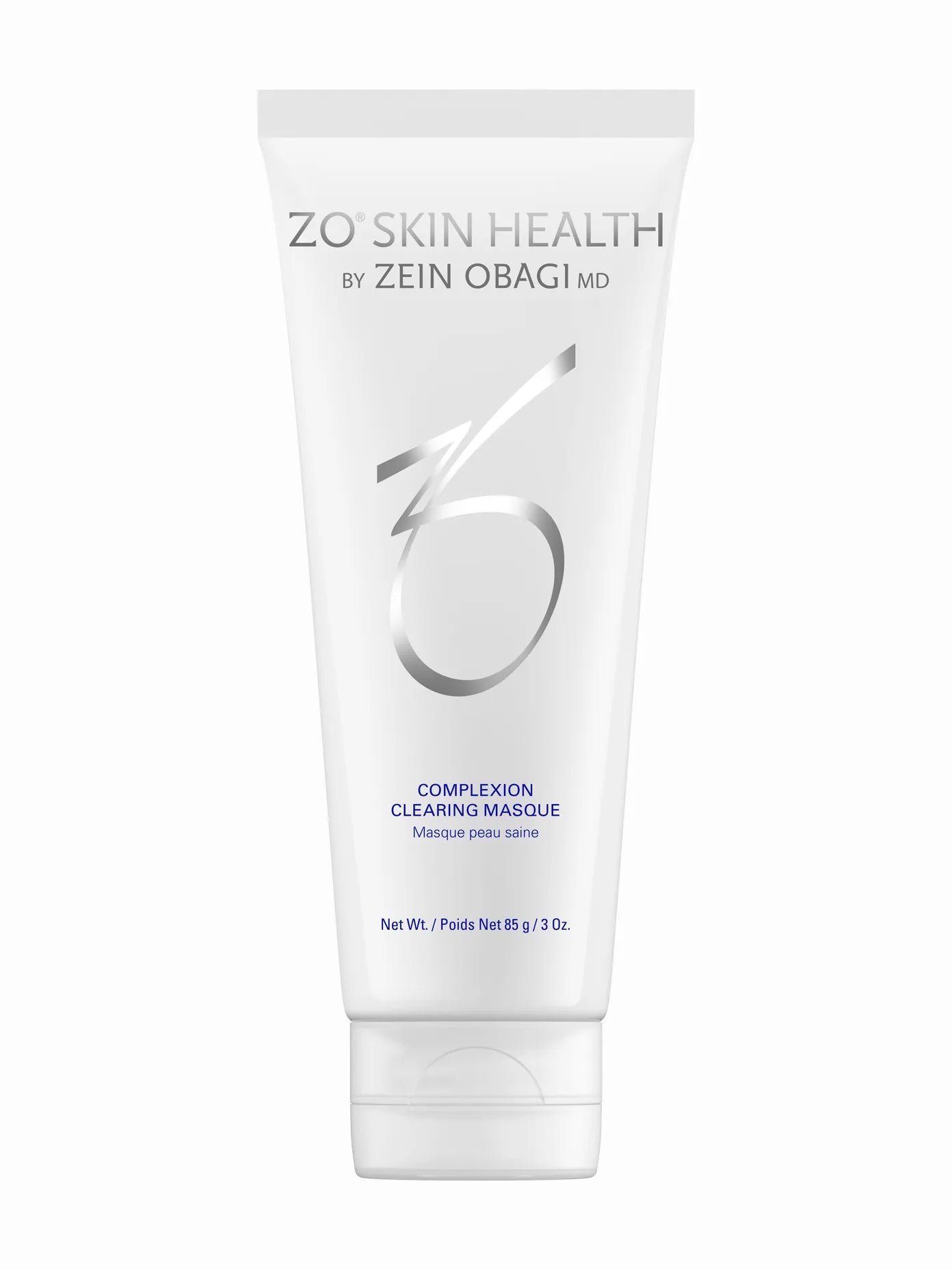 A tube of ZO Skin Health Complexion Clearing Masque with blue text detailing the product name and benefits.