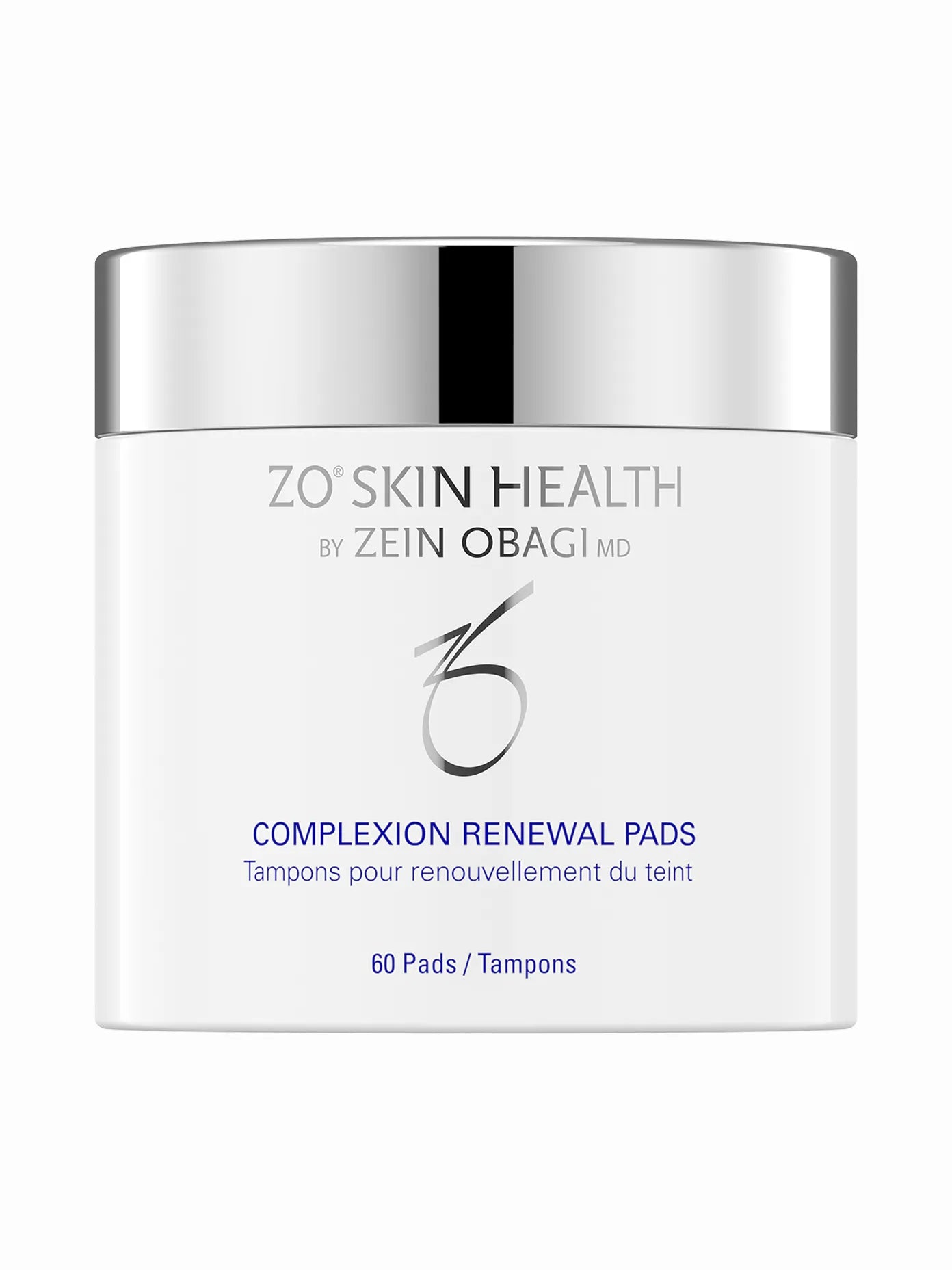 A container of ZO Skin Health Complexion Renewal Pads, with text indicating it contains 60 pads for complexion renewal.
