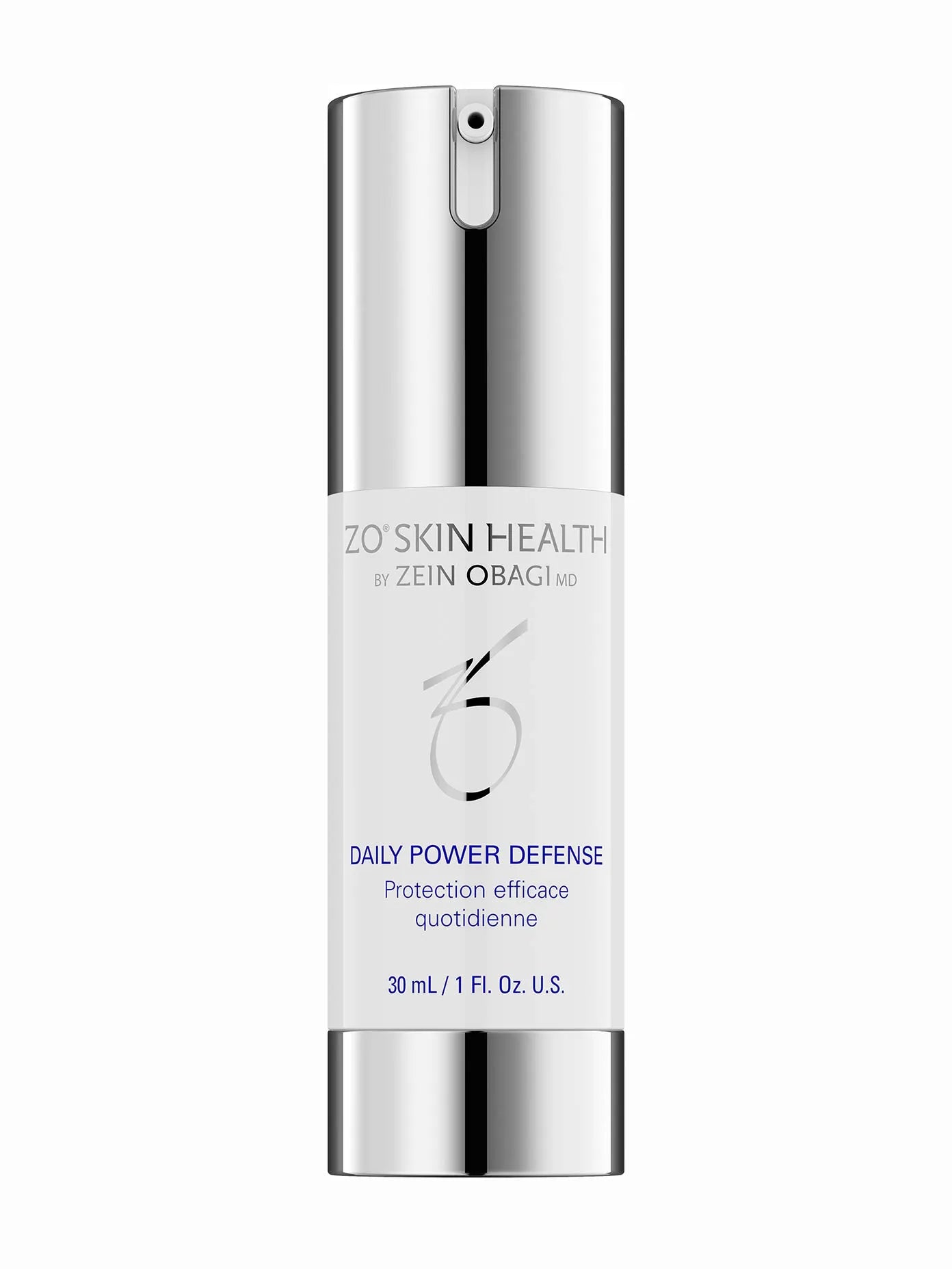A bottle of ZO Skin Health Daily Power Defense cream serum.