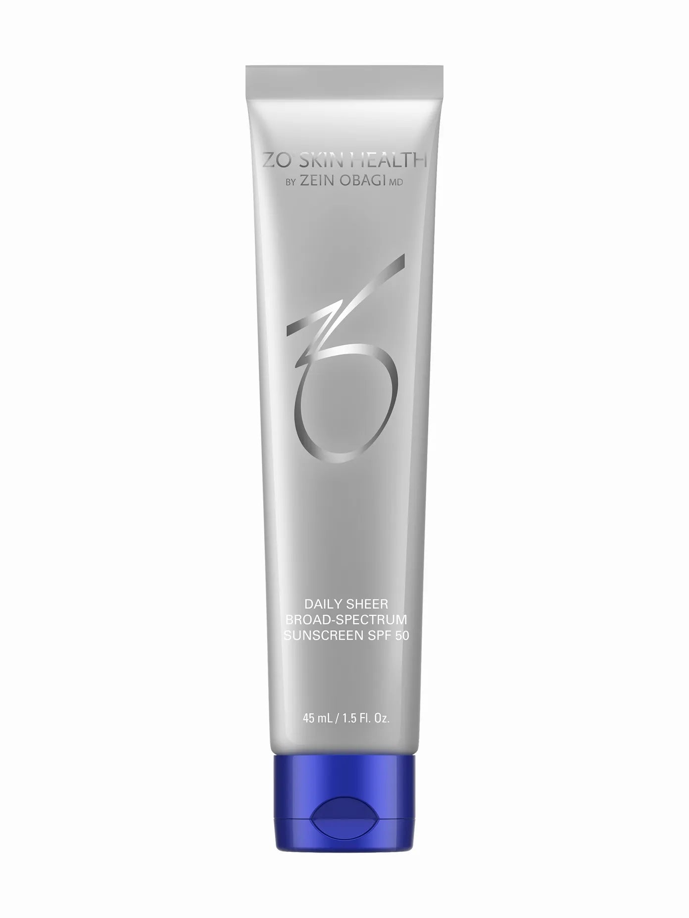 A tube of ZO Skin Health Daily Sheer SPF 50 sunscreen with a white body and blue cap.