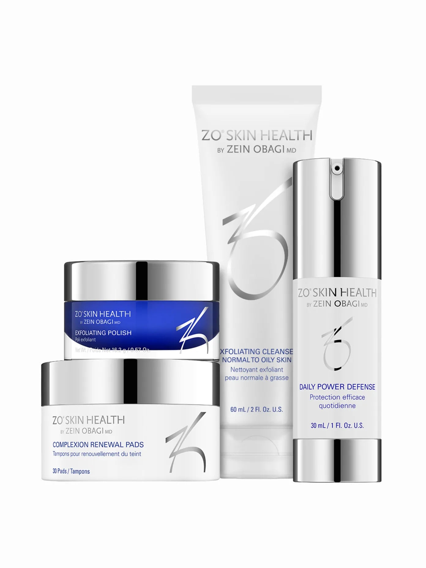 A collection of ZO Skin Health daily skincare products including exfoliating cleanser, exfoliating polish, complexion renewal pads, and daily power defense serum.