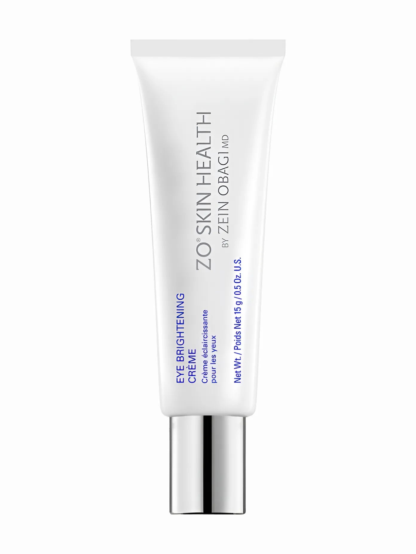 A tube of ZO Skin Health Eye Brightening Crème with white and blue color scheme.