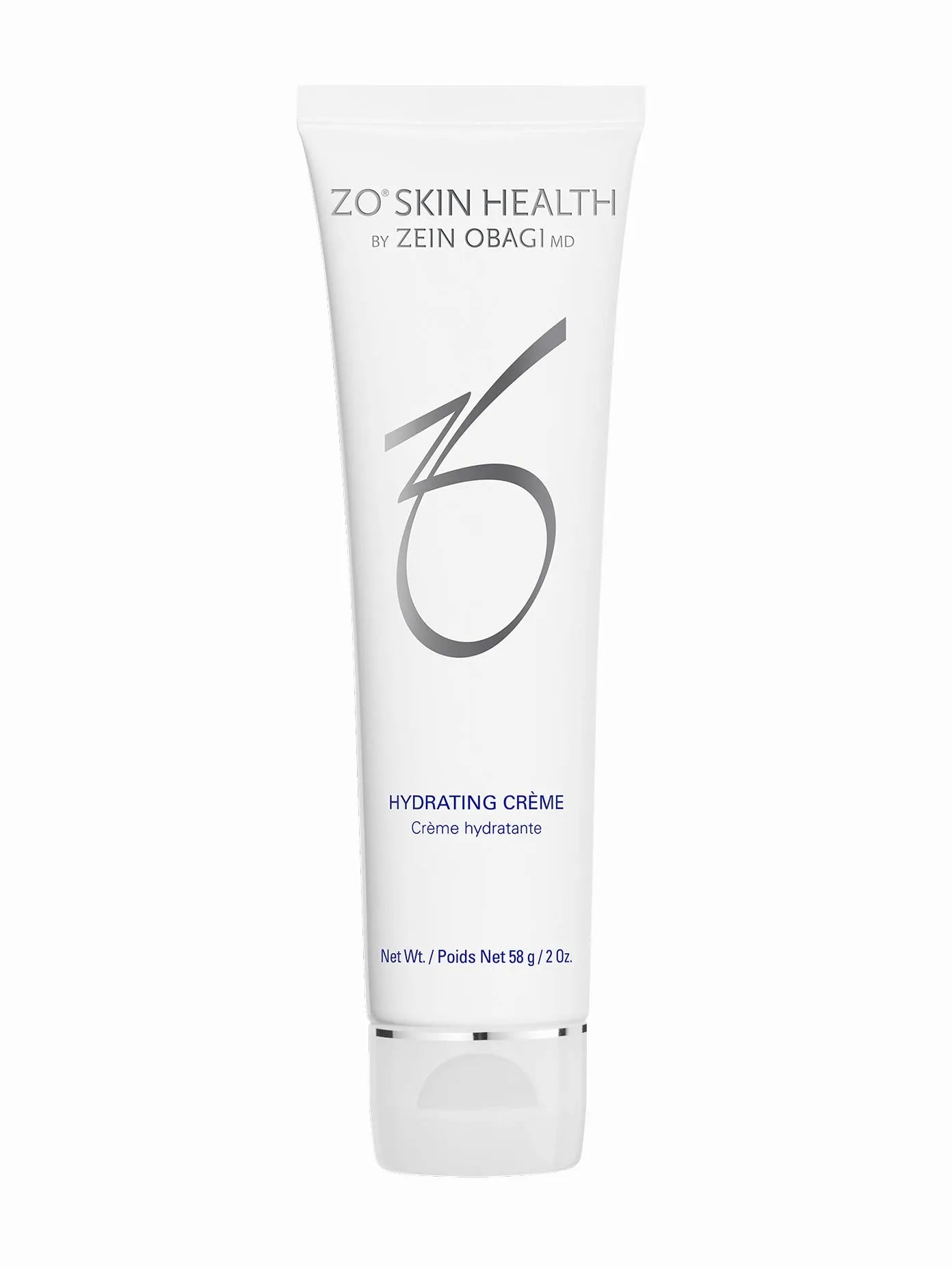 A tube of ZO Skin Health Hydrating Crème with white and blue color scheme.