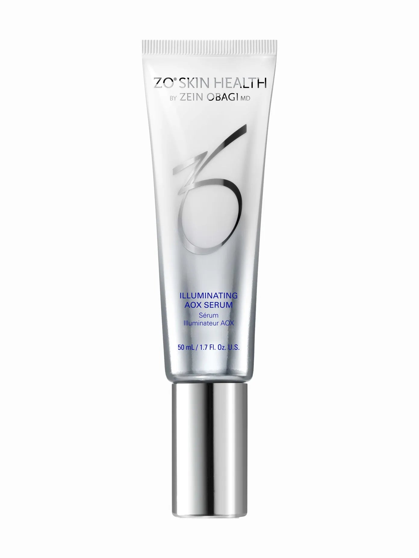 A tube of ZO Skin Health Illuminating AOX Serum with a white and blue color scheme.