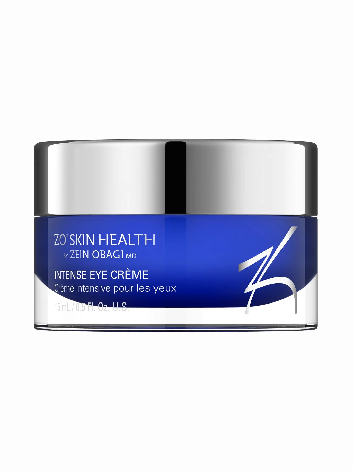 A jar of ZO Skin Health Intense Eye Crème with a blue label on a white background.