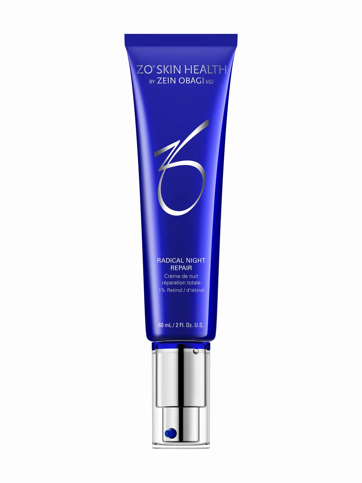 A blue tube of ZO Skin Health Radical Night Repair cream with white and silver text detailing the product name and benefits.