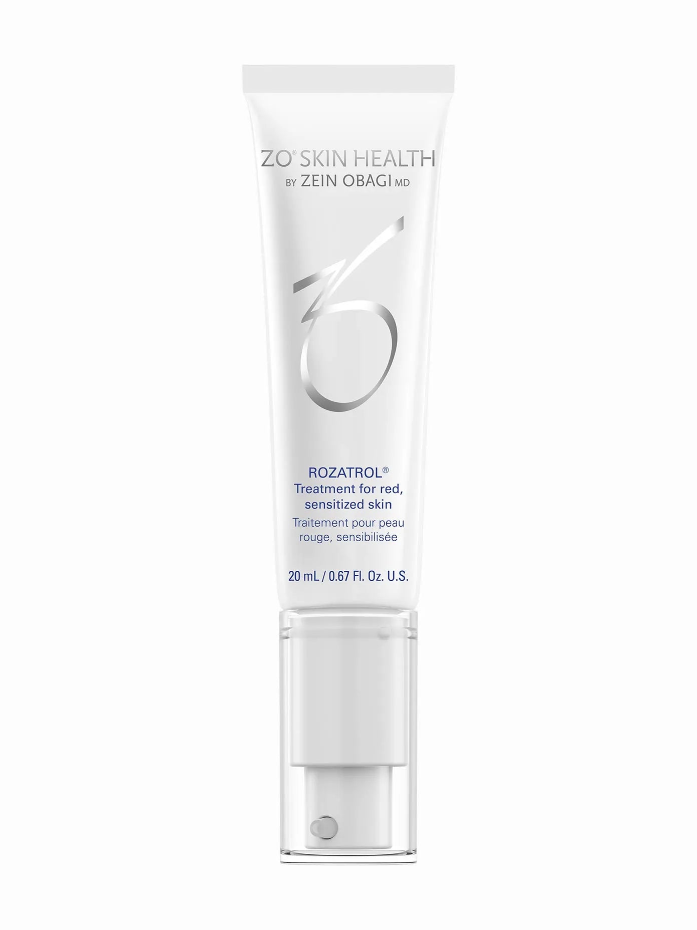 A targeted treatment cream serum bottle with a white pump dispenser, labeled ZO Skin Health Rozatrol.
