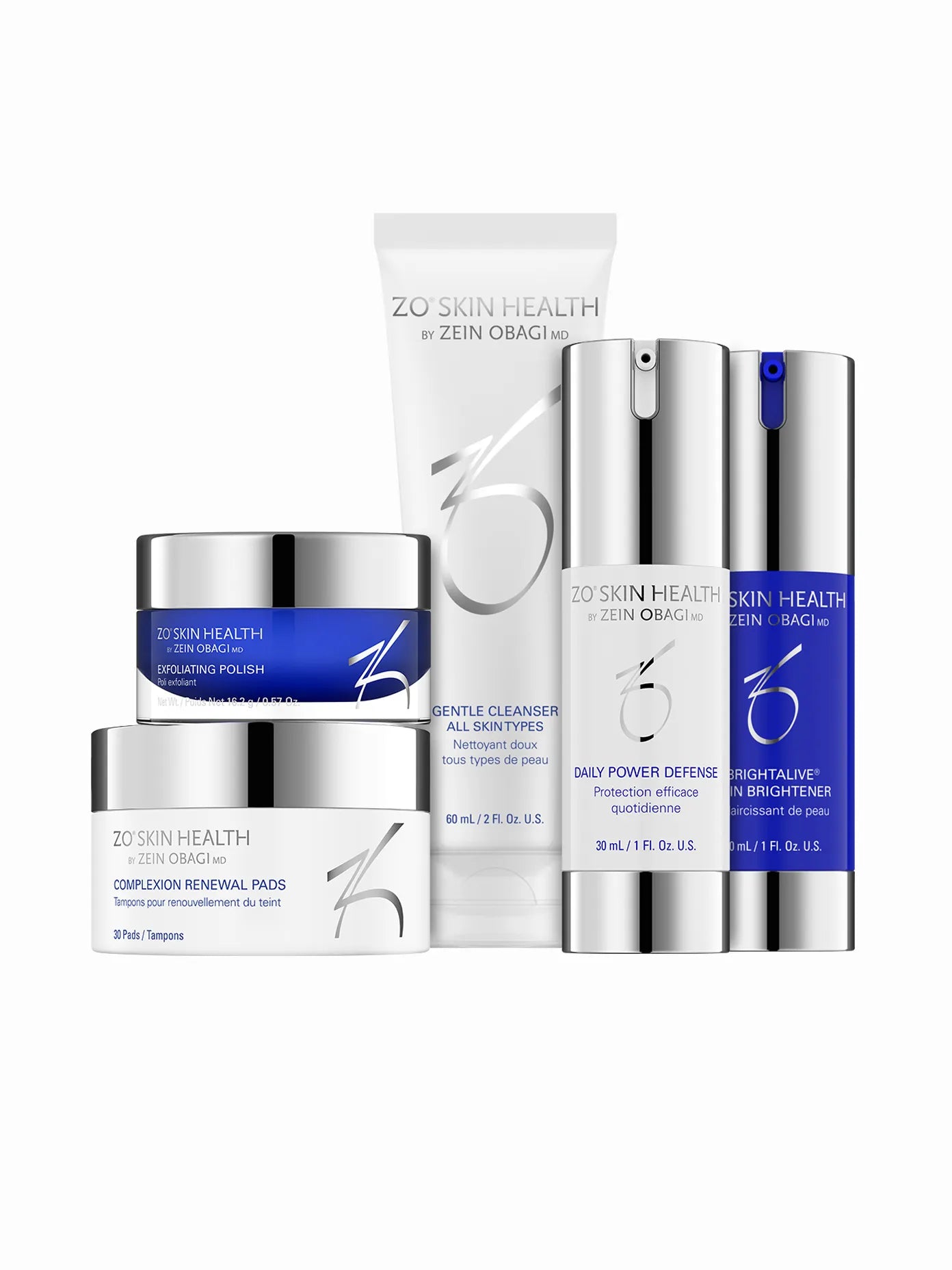 A collection of ZO Skin Health skincare products including a gentle cleanser, exfoliating polish, complexion renewal pads, daily power defense, and brightalive skin brightener.