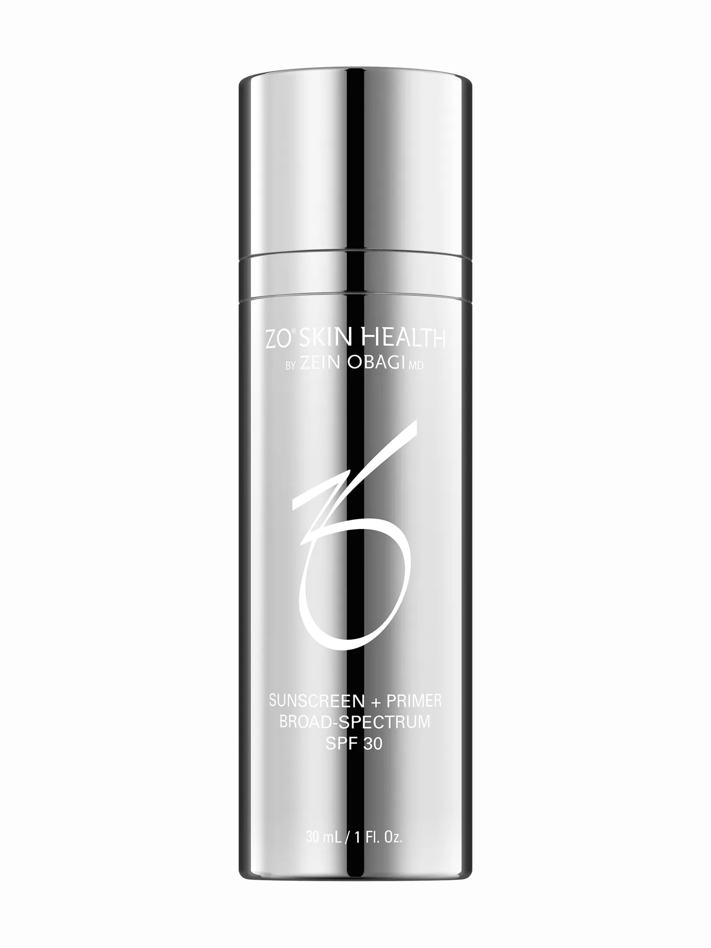 A pump bottle of ZO Skin Health Sunscreen + Primer SPF 30.
