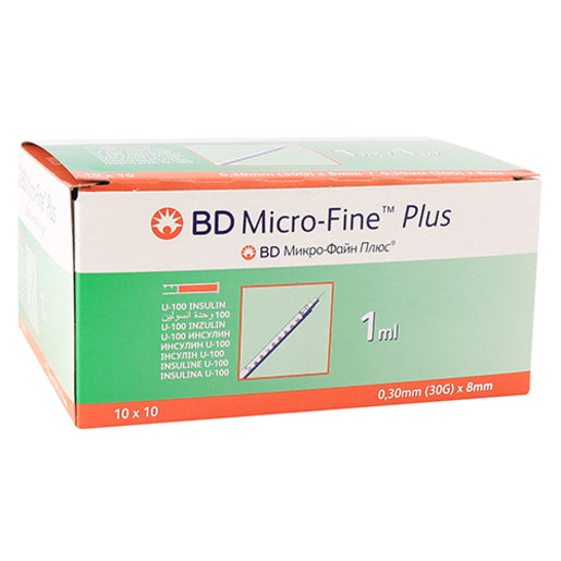Box of BD Microfine syringes with needles, marked for 1ml dosage, in a quantity of 100 units.