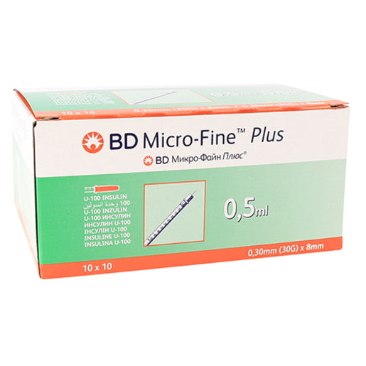 Box of BD Microfine insulin syringes with a 0.5ml marking, indicating 30GX 8MM needle size for insulin or medication injection.