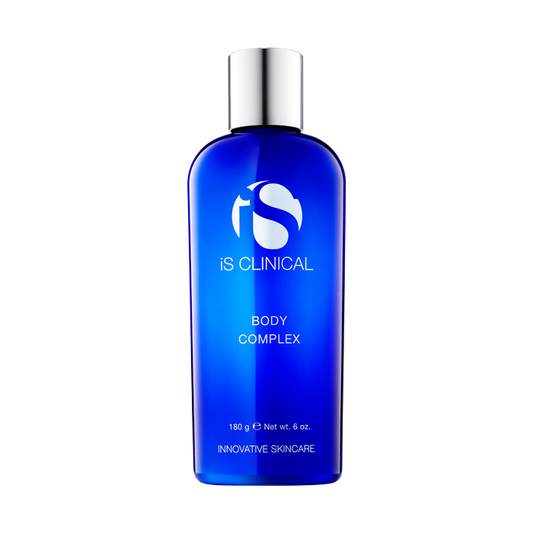 A blue bottle of IS Clinical Body Complex lotion.