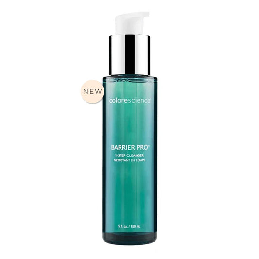 A bottle of COLORESCIENCE Barrier Pro 1-Step Cleanser, which is designed to remove makeup and mineral sunscreen in a single step.