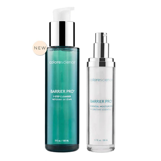 A set of Colorescience skin care products, including an essential moisturizer and a 1-step cleanser, both with blue and white packaging.