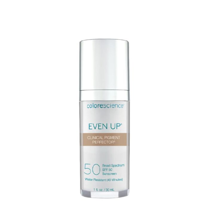 A pump bottle of Colorescience Even Up Clinical Pigment Perfector, an SPF 50 sunscreen product.