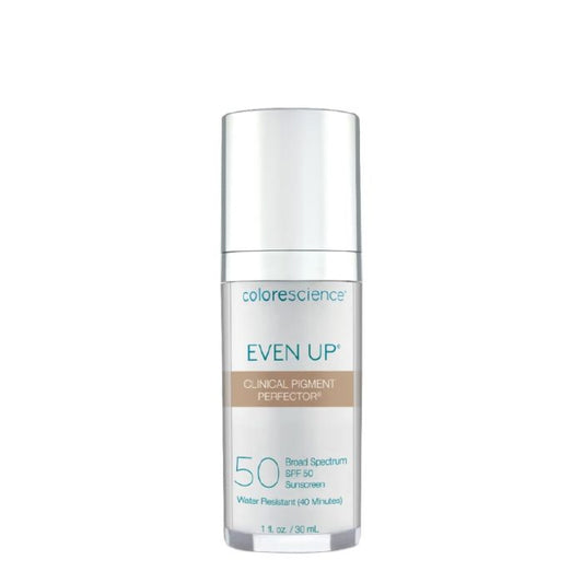 A pump bottle of Colorescience Even Up Clinical Pigment Perfector, an SPF 50 sunscreen product.