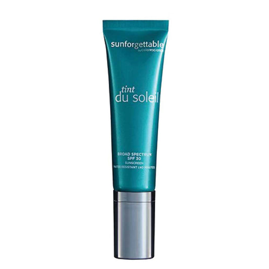 Blue tube of Colorescience sunforgettable tint du soleil spf 30 with a silver cap