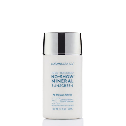 A pump bottle of COLORESCIENCE No-Show Mineral Sunscreen with SPF 50, labeled as having all-mineral actives and being suitable for all skin types.