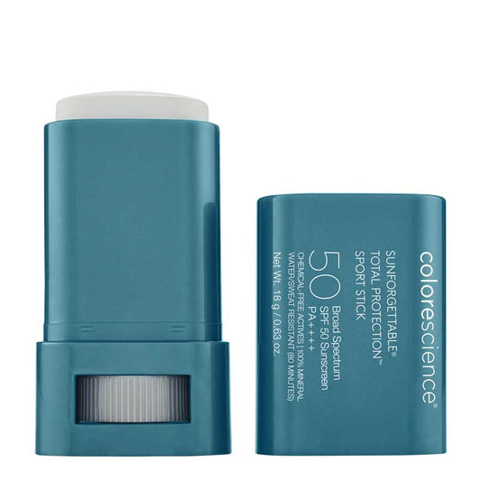A blue COLORESCIENCE sunscreen stick with the label 'Sunforgettable Total Protection Sport Stick SPF 50' and 'EnviroScreen Technology' on it.