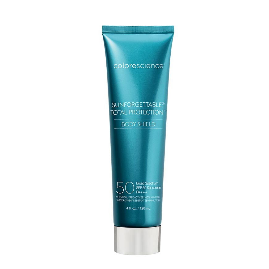 A tube of COLORESCIENCE Sunforgettable Total Protection Body Shield sunscreen with SPF 50. The packaging is predominantly blue with white and teal text detailing the product's features.