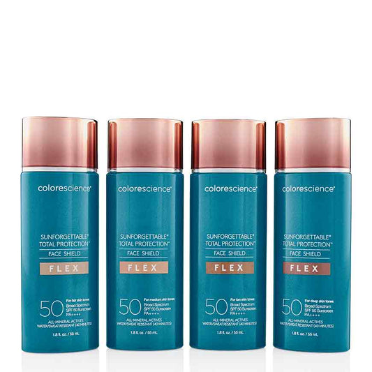Four pump bottles of COLORESCIENCE Total Protection Face Shield SPF 50 Flex, displayed in a row with front and back views, indicating the product is a tinted sunscreen with a flex pump design.