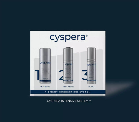 A packaged Cyspera Pigment Correction System, featuring three different bottles labeled Cyspera Intensive, Cyspera Neutralize, and Cyspera Boost, indicating a hydroquinone-free skincare product designed to improve skin appearance and balance.