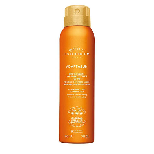 Orange spray bottle with gold cap on a white background
