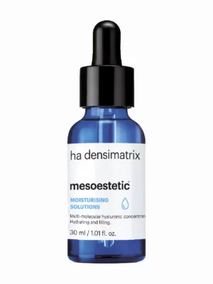 A blue bottle with a dropper containing HA Densimatrix, a hyaluronic acid serum solution.