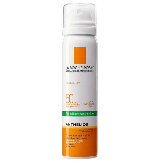 A bottle of La Roche Posay ANTHELIOS XL Fresh Invisible Mist, a sunscreen mist with 50+ protection factor for face and body, indicated for oily skin and prone to blemishes, with a pleasant fresh fragrance.