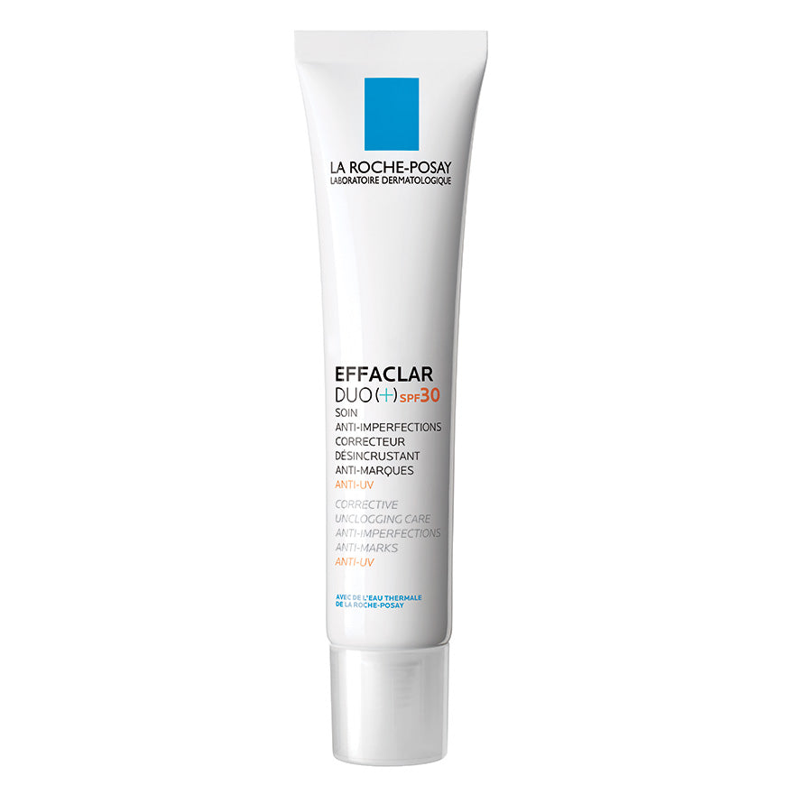 A tube of La Roche Posay Effaclar Duo+ SPF30 moisturizer with sun protection.