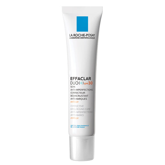 A tube of La Roche Posay Effaclar Duo+ SPF30 moisturizer with sun protection.