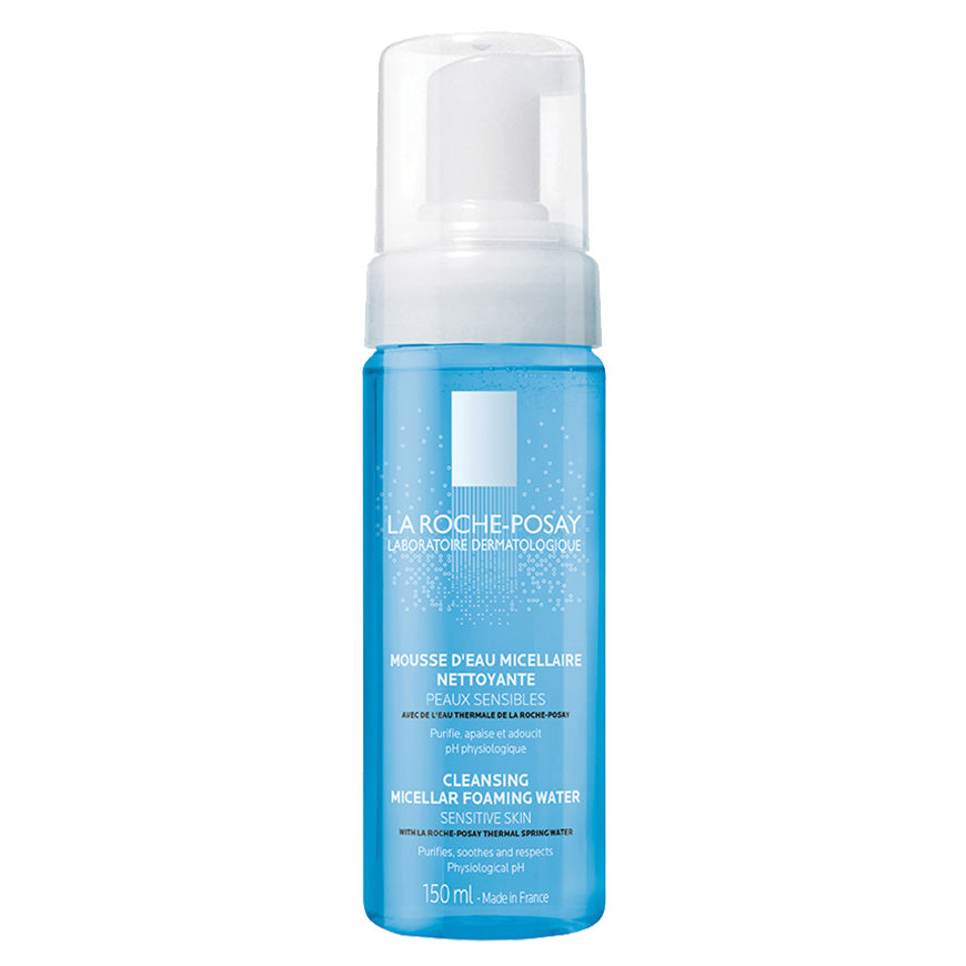 A bottle of La Roche-Posay Physiological Cleansing Micellar Foaming Water, 150 ml size, with a blue label and cap.