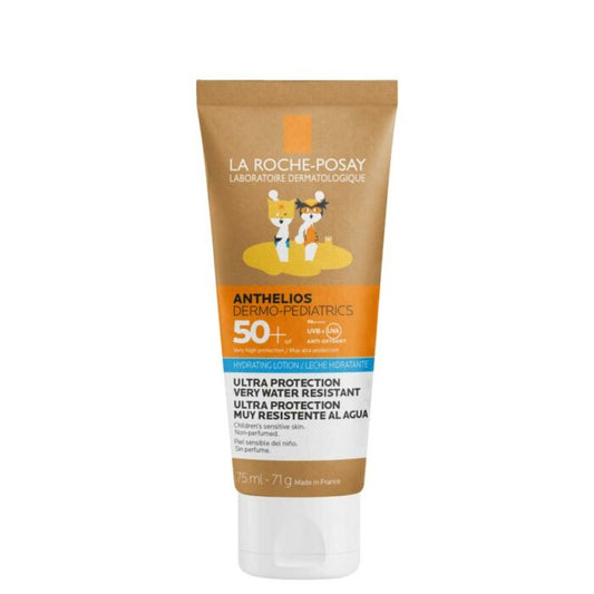 A tube of La Roche Posay Anthelios Dermo-Pediatrics sunscreen lotion with SPF 50+, labeled in French, indicating ultra protection for skin.