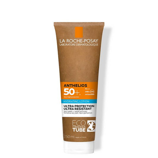A tube of La Roche-Posay Anthelios hydraating body lotion with SPF50+ protection, in a brown paper tube packaging.
