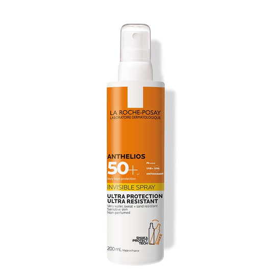 A bottle of La Roche Posay Anthelios Invisible Body Spray with SPF 50+, labeled in white and orange colors, indicating it is a high protection sunscreen spray.