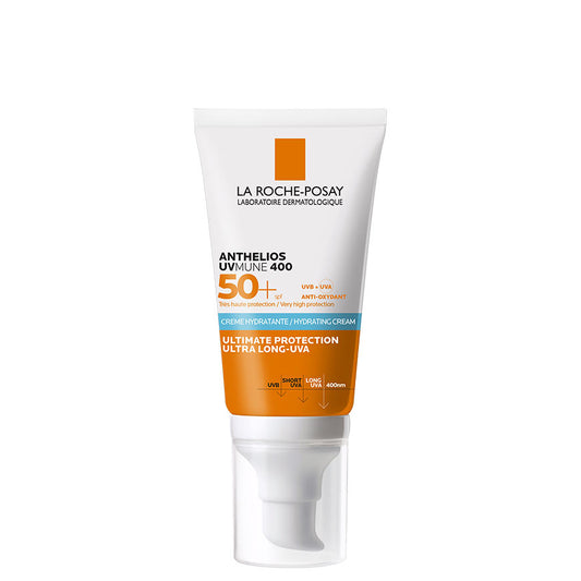 A tube of La Roche-Posay Anthelios 50+ sunscreen gel-cream with SPF 50+ protection, labeled for combination and oily skin, in a white and orange packaging.