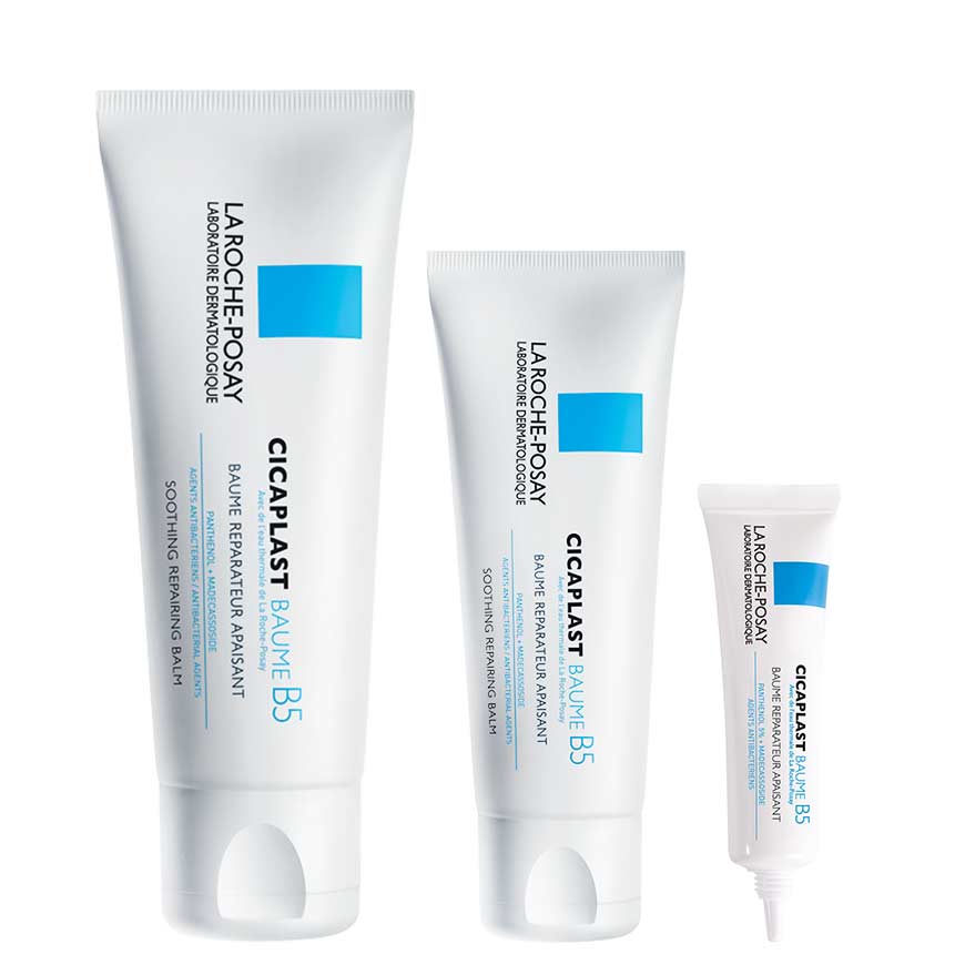 Three tubes of La Roche Posay Cicaplast Balm B5 in different sizes with white branding and blue accents.