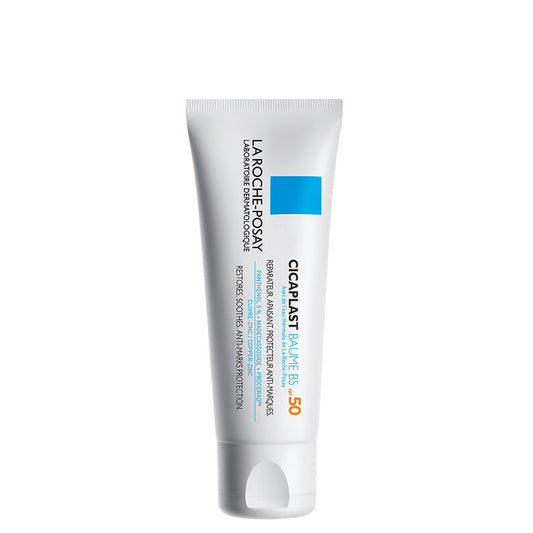 Tube of LA ROCHE-POSAY Cicaplast Baume B5 SPF 50+ moisturizer for dry, irritated, sensitive skin types.
