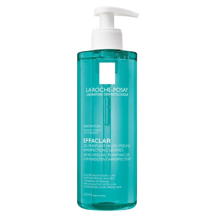 A bottle of La Roche-Posay Effaclar Micro Peeling Purifying Gel with a pump dispenser, predominantly blue in color with white and red text on the label.